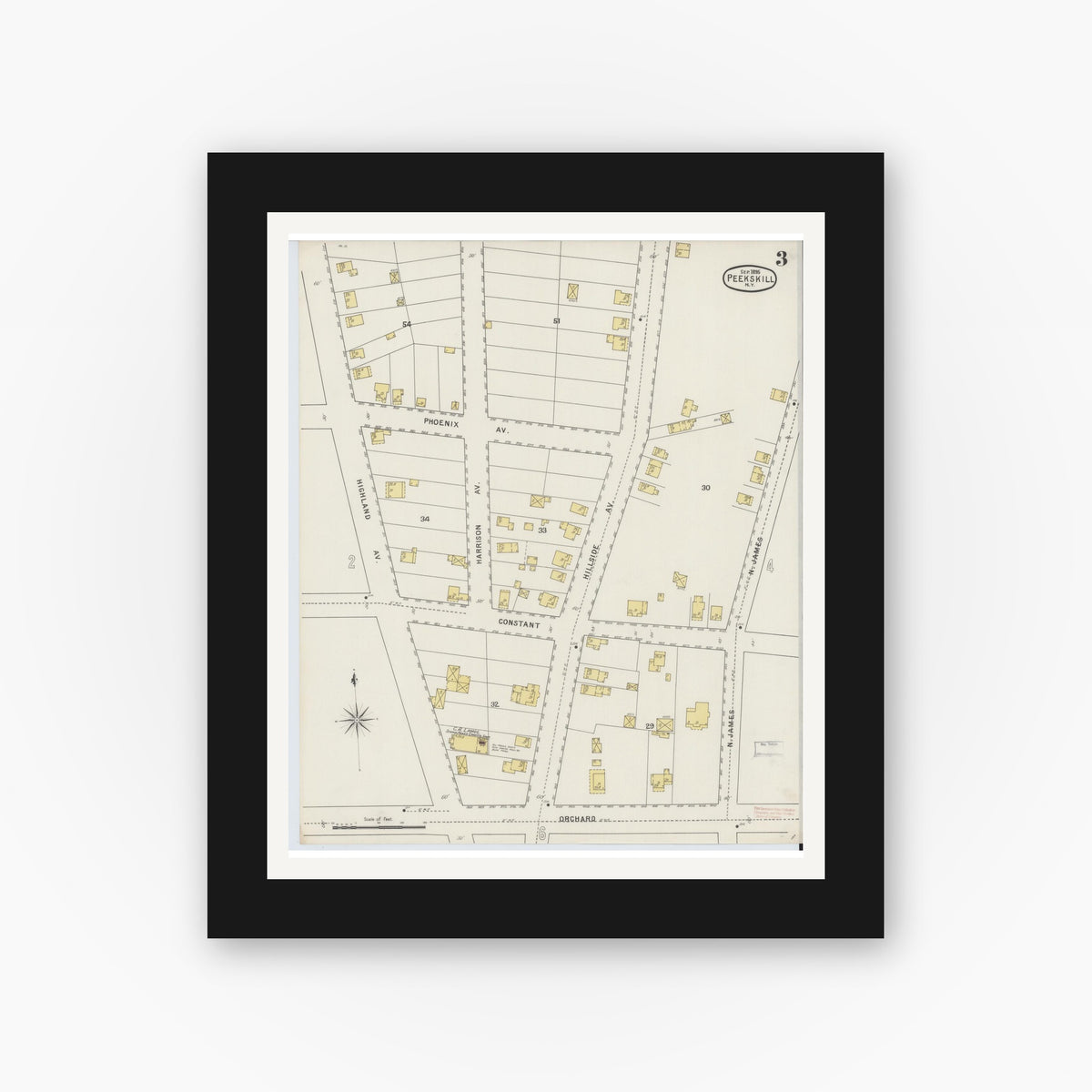 Old map wall art mockup — black gallery frame with white mat — Sanborn Fire Insurance Map from Peekskill, Westchester County, New York (1895), Sheet #0003