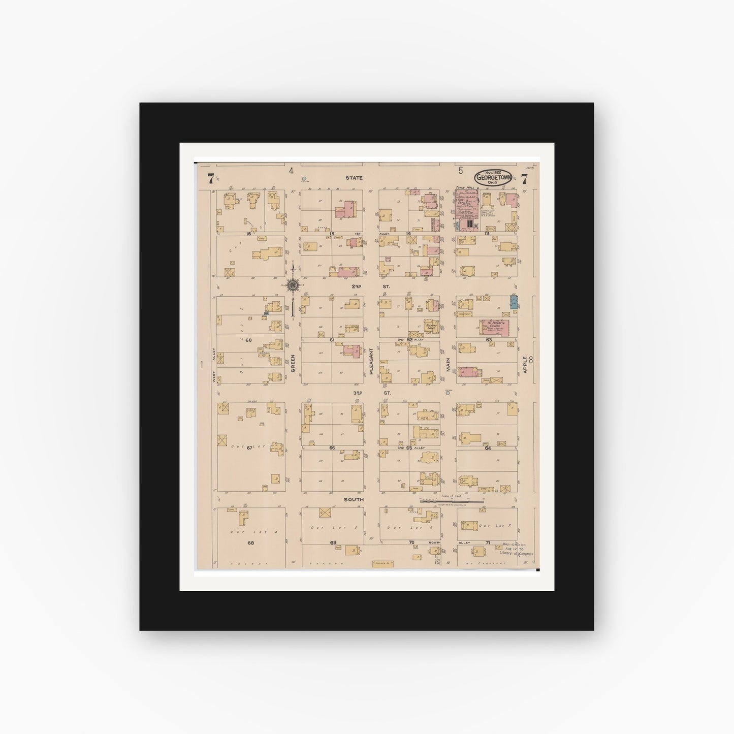 Old map wall art mockup — black gallery frame with white mat — Sanborn Fire Insurance Map from Georgetown, Brown County, Ohio (1922), Sheet #0007