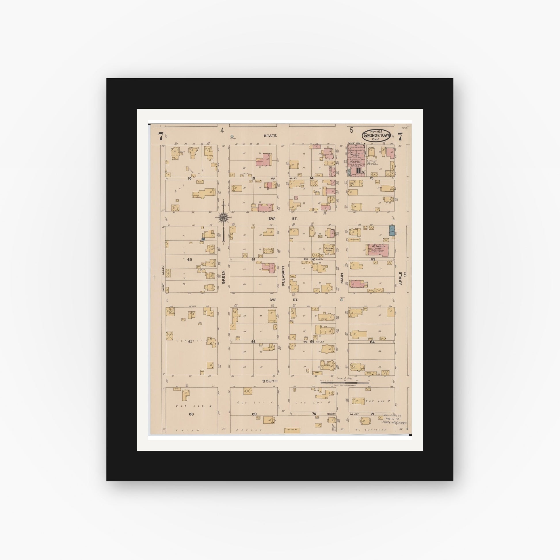 Old map wall art mockup — black gallery frame with white mat — Sanborn Fire Insurance Map from Georgetown, Brown County, Ohio (1922), Sheet #0007