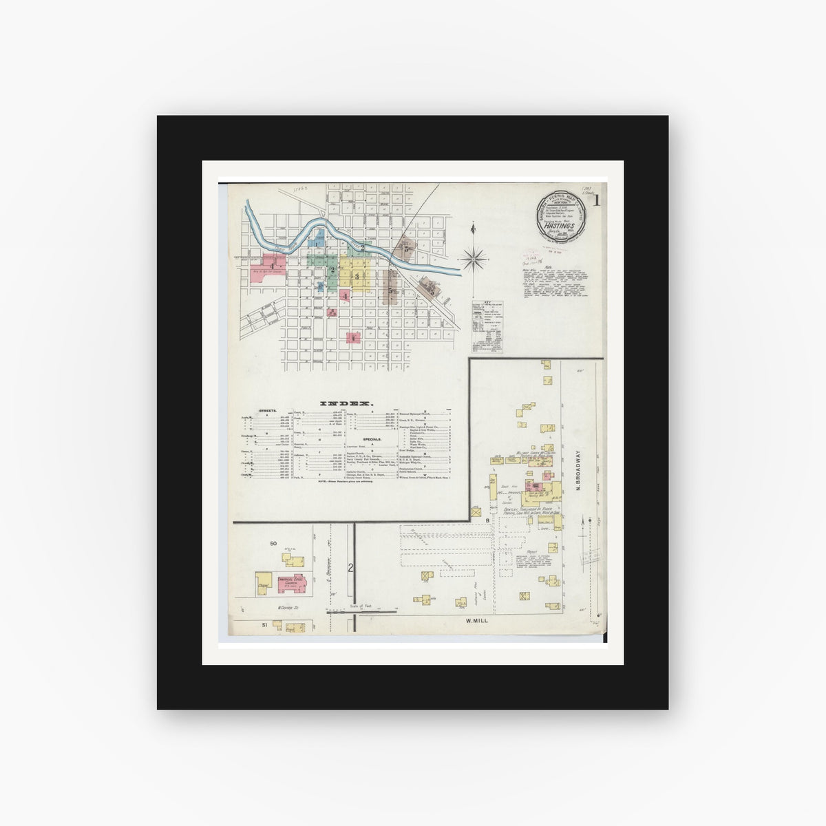Old map wall art mockup — black gallery frame with white mat — Sanborn Fire Insurance Map from Hastings, Barry County, Michigan (1896), Sheet #0001