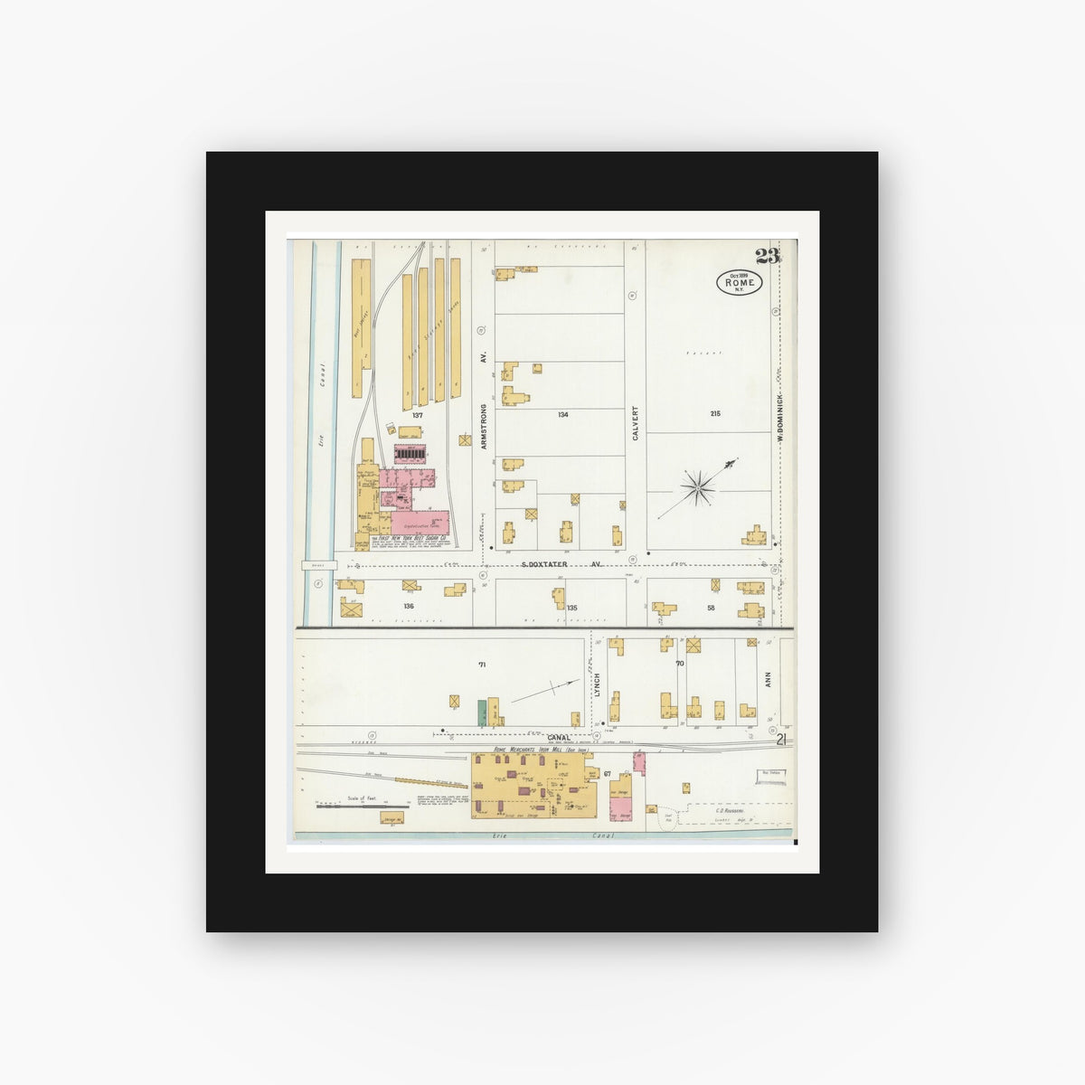 Old map wall art mockup — black gallery frame with white mat — Sanborn Fire Insurance Map from Rome, Oneida County, New York (1899), Sheet #0023