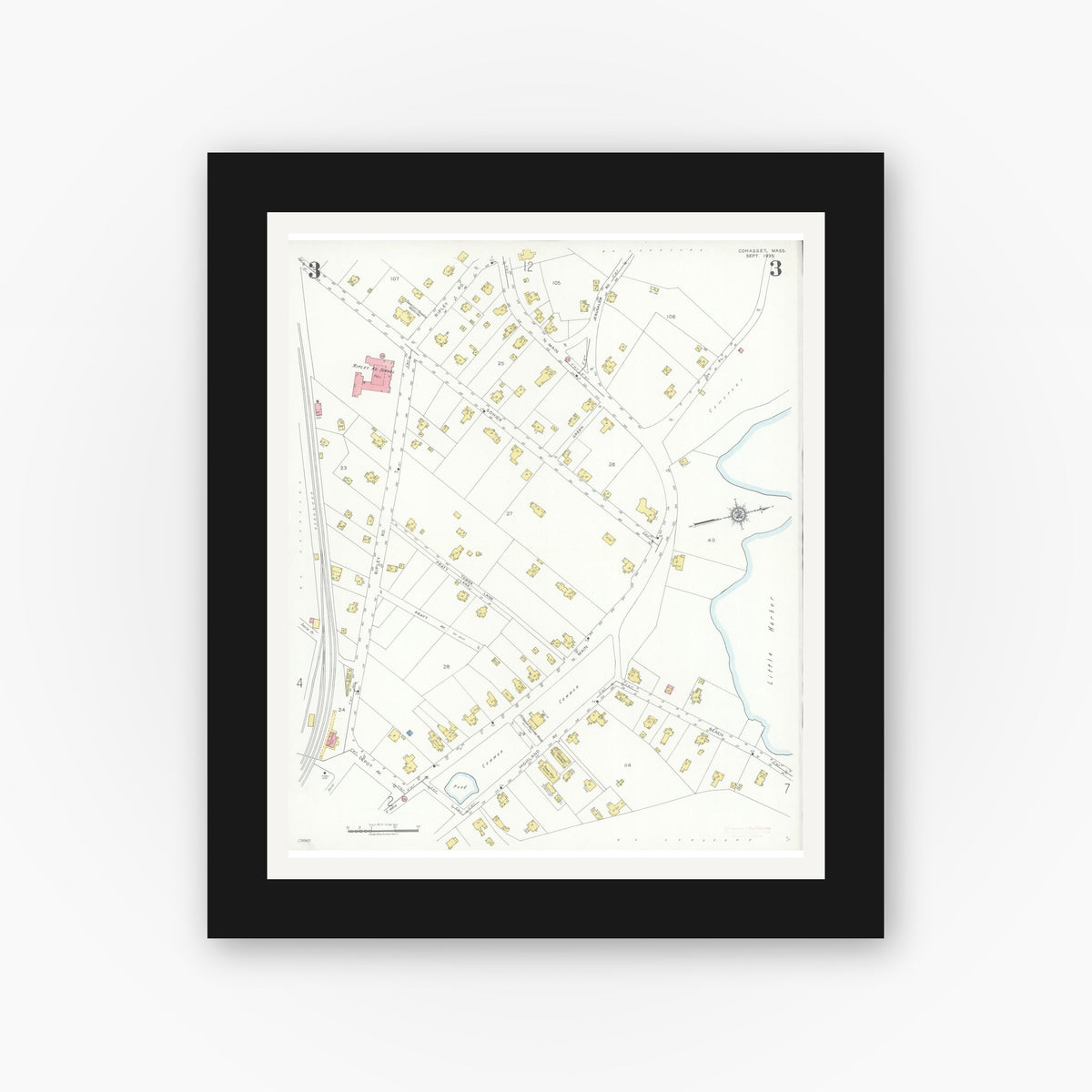 Old map wall art mockup — black gallery frame with white mat — Sanborn Fire Insurance Map from Cohasset, Norfolk County, Massachusetts (1935), Sheet #0003
