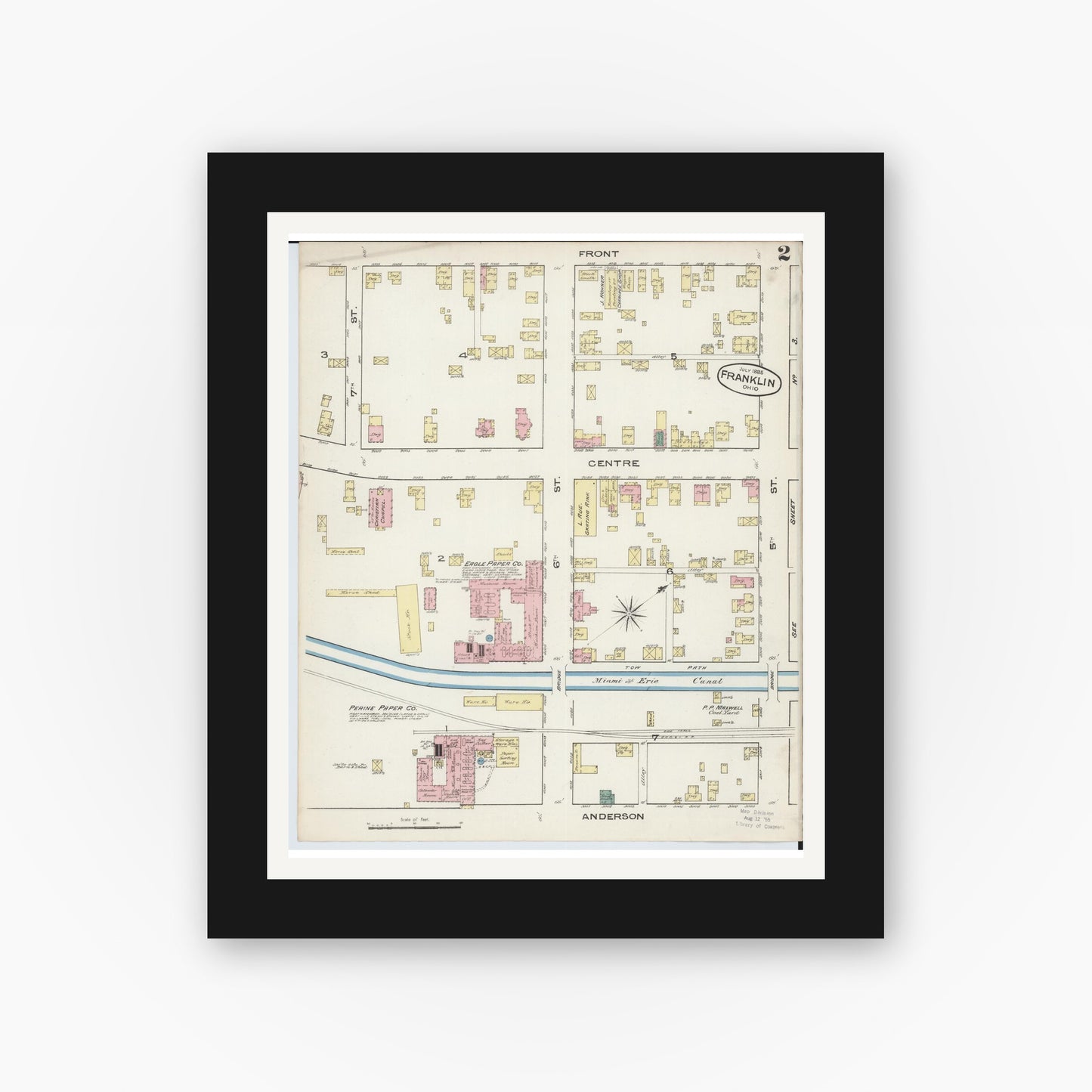 Old map wall art mockup — black gallery frame with white mat — Sanborn Fire Insurance Map from Franklin, Warren County, Ohio (1885), Sheet #0002