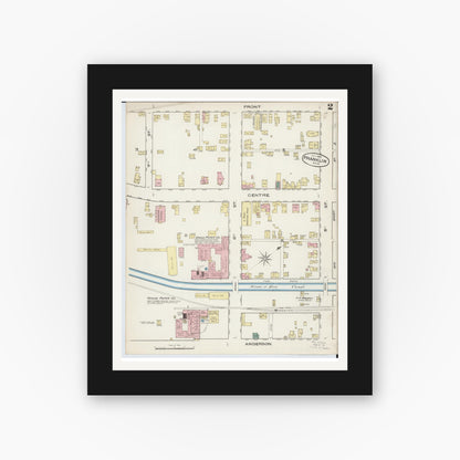Old map wall art mockup — black gallery frame with white mat — Sanborn Fire Insurance Map from Franklin, Warren County, Ohio (1885), Sheet #0002