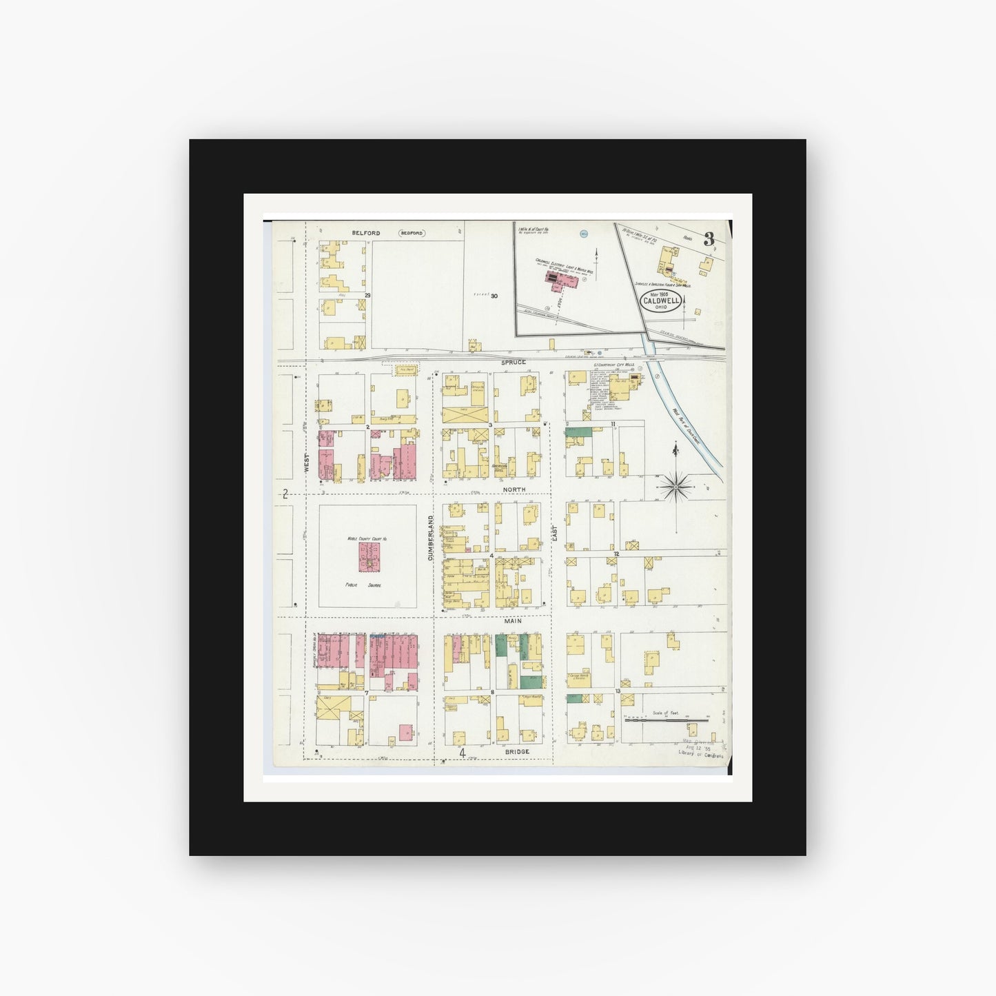 Old map wall art mockup — black gallery frame with white mat — Sanborn Fire Insurance Map from Caldwell, Noble County, Ohio (1905), Sheet #0003
