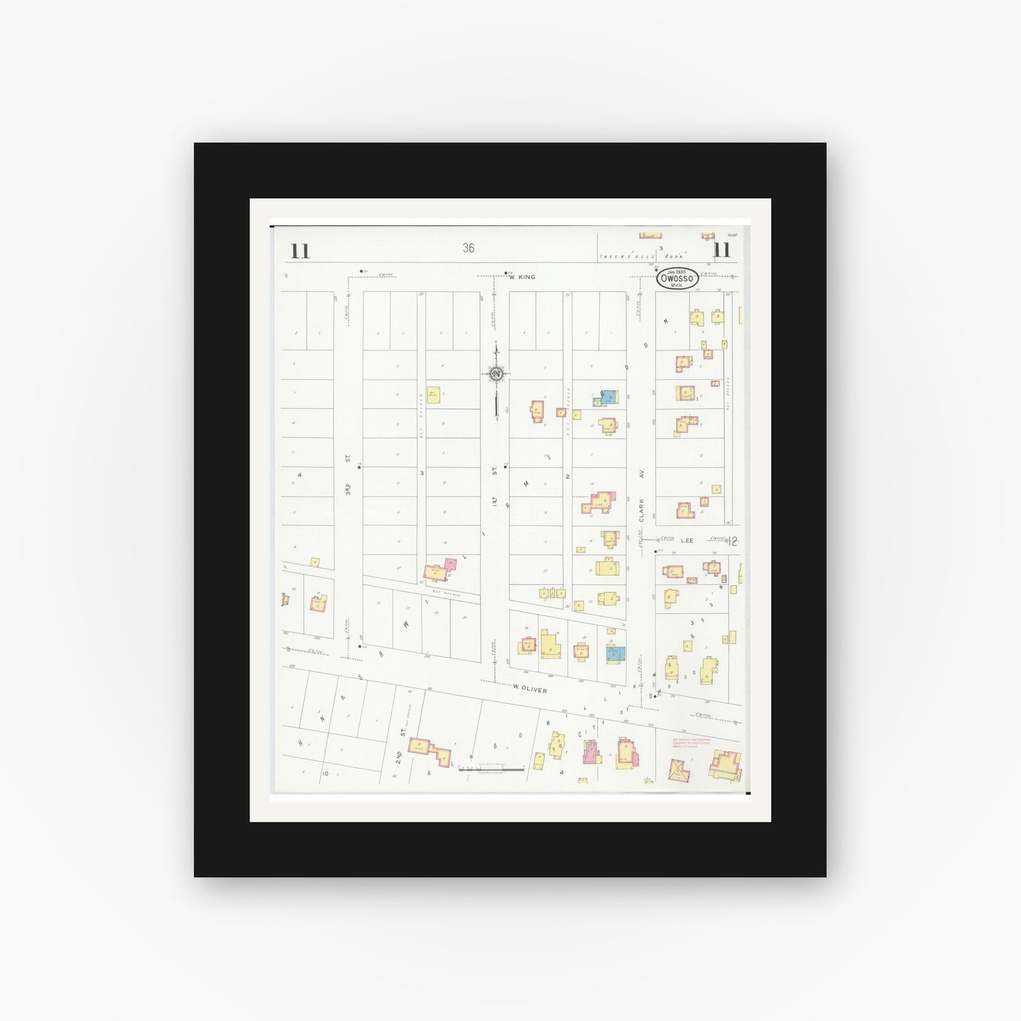 Old map wall art mockup — black gallery frame with white mat — Sanborn Fire Insurance Map from Owosso, Shiawassee County, Michigan (1930), Sheet #0011