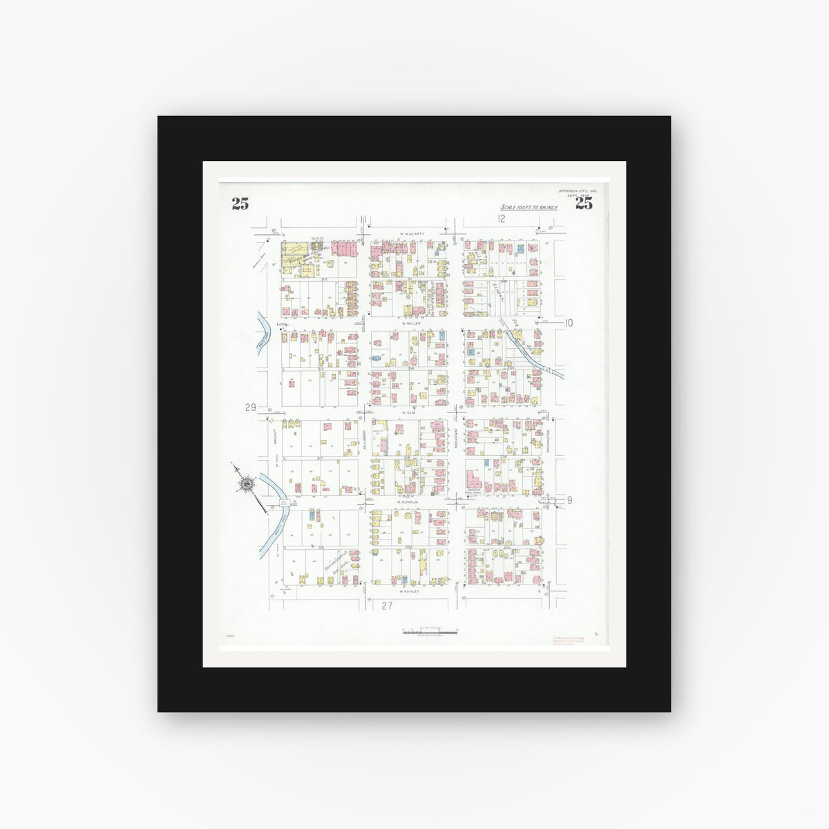 Old map wall art mockup — black gallery frame with white mat — Sanborn Fire Insurance Map from Jefferson City, Cole County, Missouri (1939), Sheet #0025
