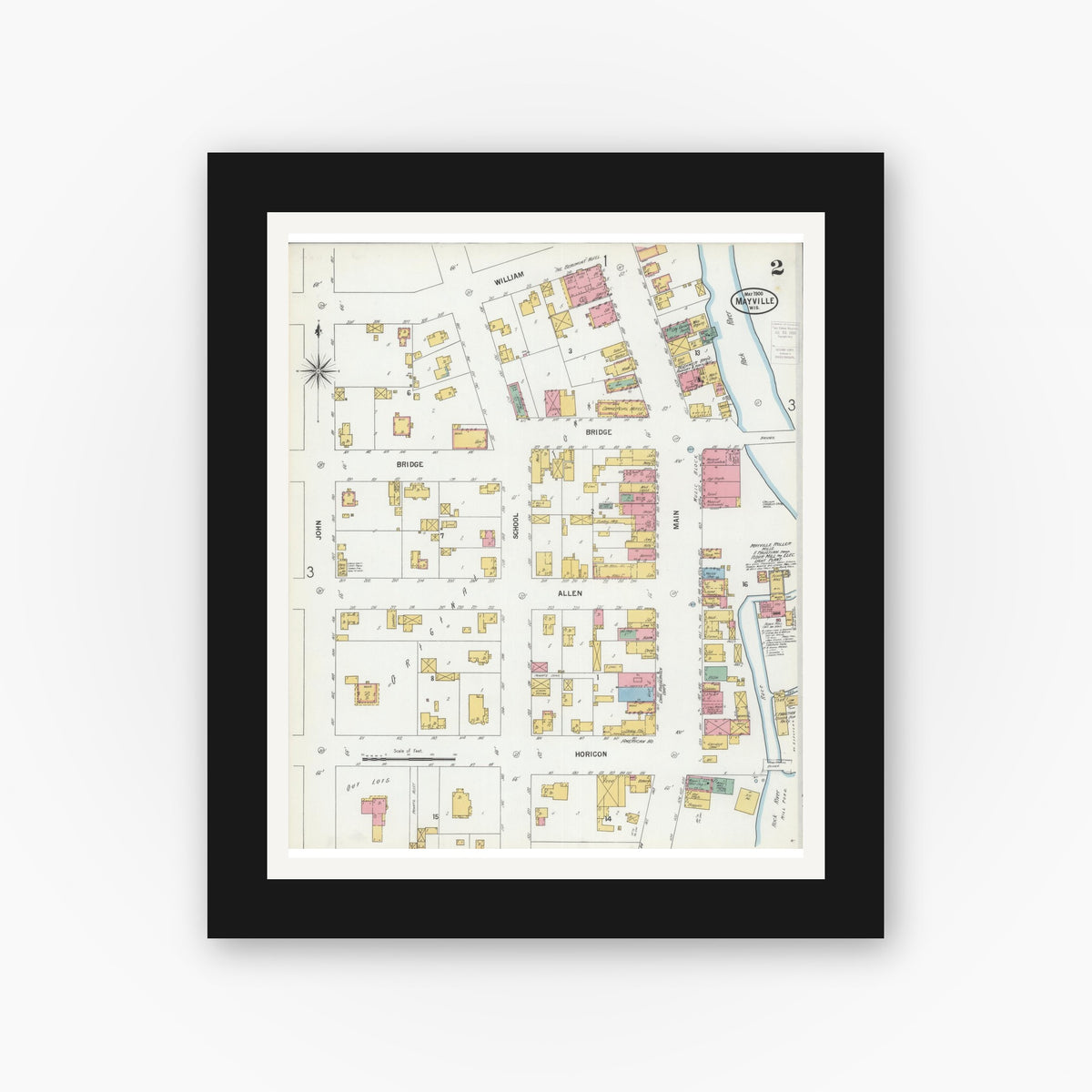 Old map wall art mockup — black gallery frame with white mat — Sanborn Fire Insurance Map from Mayville, Dodge County, Wisconsin (1900), Sheet #0002