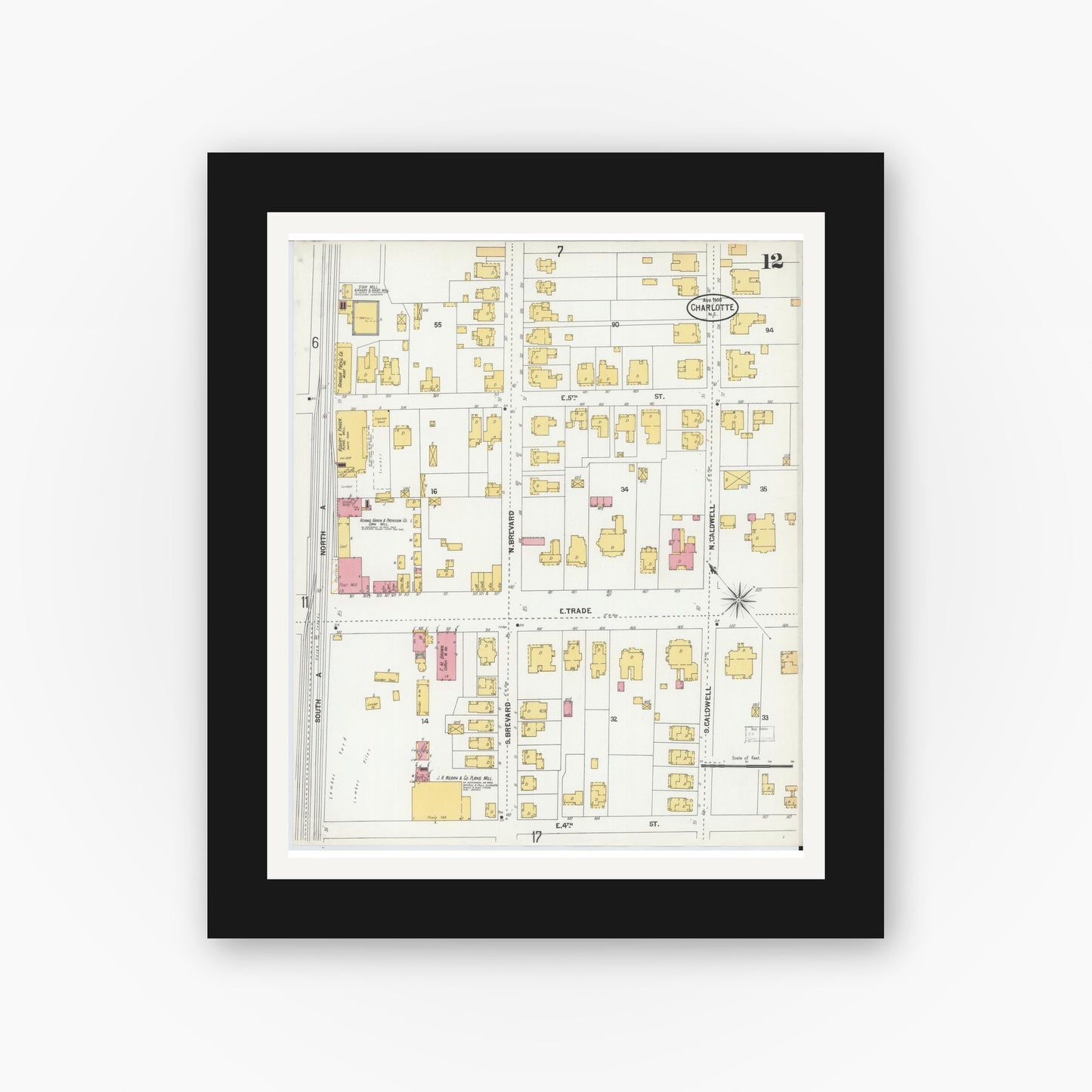 Old map wall art mockup — black gallery frame with white mat — Sanborn Fire Insurance Map from Charlotte, Mecklenburg County, North Carolina (1900), Sheet #0012