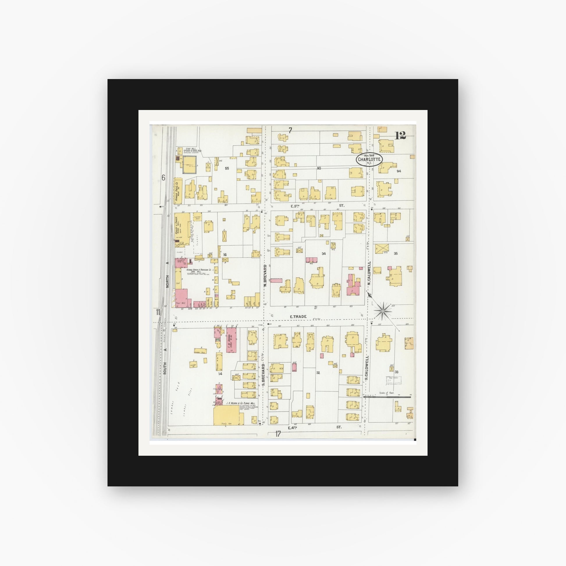 Old map wall art mockup — black gallery frame with white mat — Sanborn Fire Insurance Map from Charlotte, Mecklenburg County, North Carolina (1900), Sheet #0012