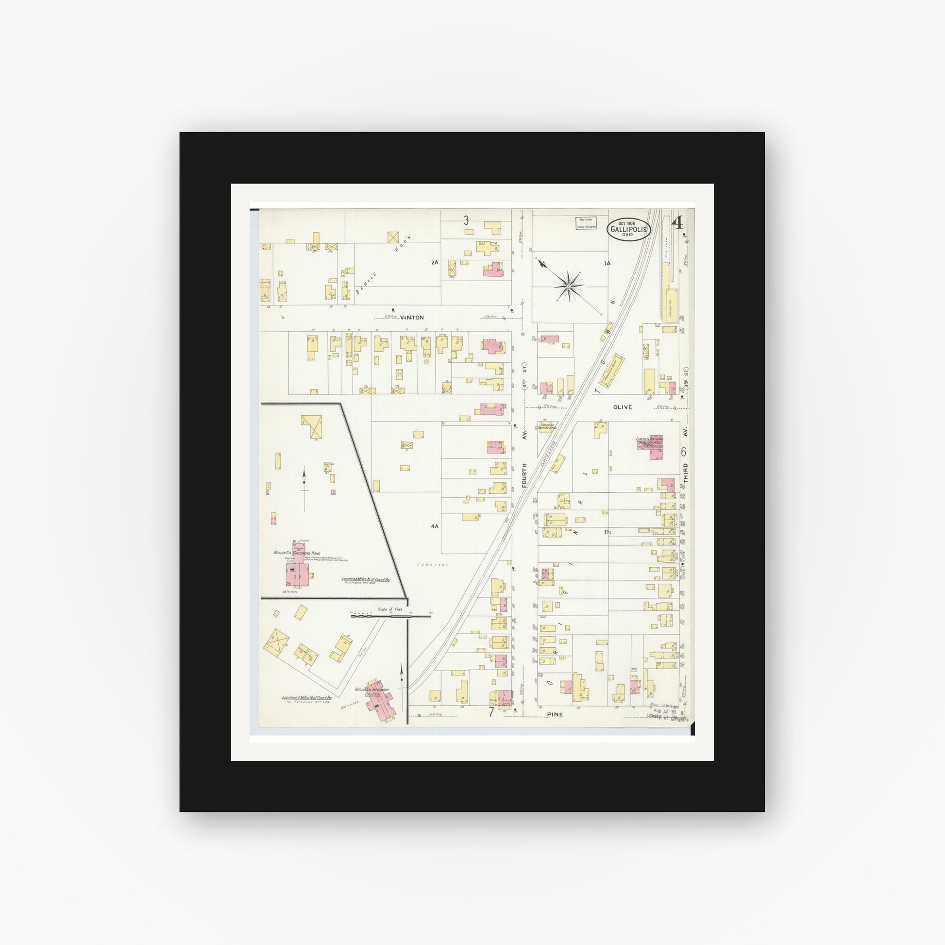 Old map wall art mockup — black gallery frame with white mat — Sanborn Fire Insurance Map from Gallipolis, Gallia County, Ohio (1908), Sheet #0004