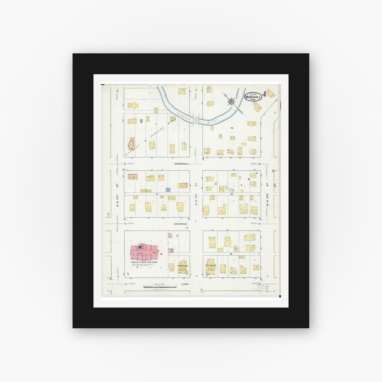 Old map wall art mockup — black gallery frame with white mat — Sanborn Fire Insurance Map from Marshall, Lyon County, Minnesota (1917), Sheet #0004