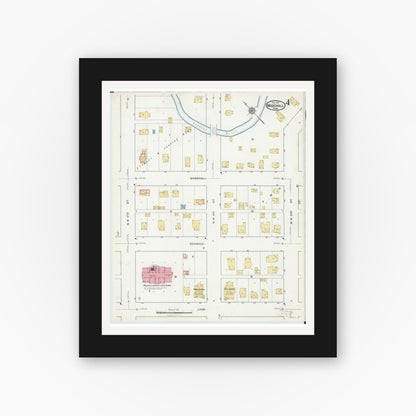 Old map wall art mockup — black gallery frame with white mat — Sanborn Fire Insurance Map from Marshall, Lyon County, Minnesota (1917), Sheet #0004