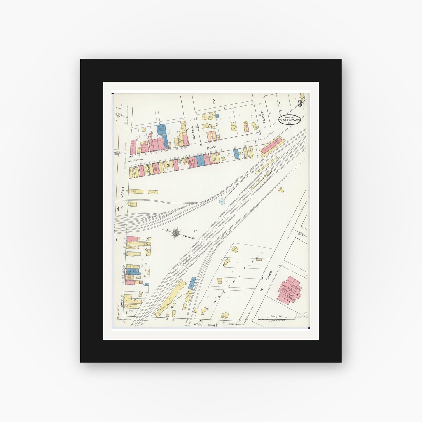Old map wall art mockup — black gallery frame with white mat — Sanborn Fire Insurance Map from West Chicago, Du Page County, Illinois (1923), Sheet #0003