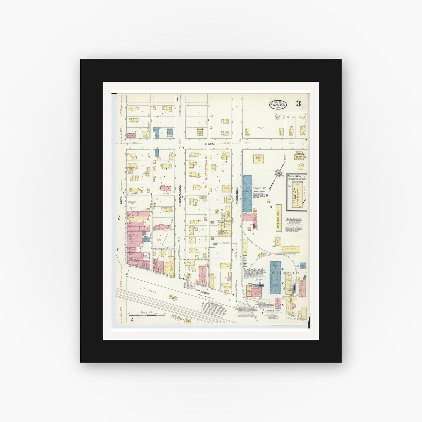 Old map wall art mockup — black gallery frame with white mat — Sanborn Fire Insurance Map from Swanton, Fulton County, Ohio (1913), Sheet #0003