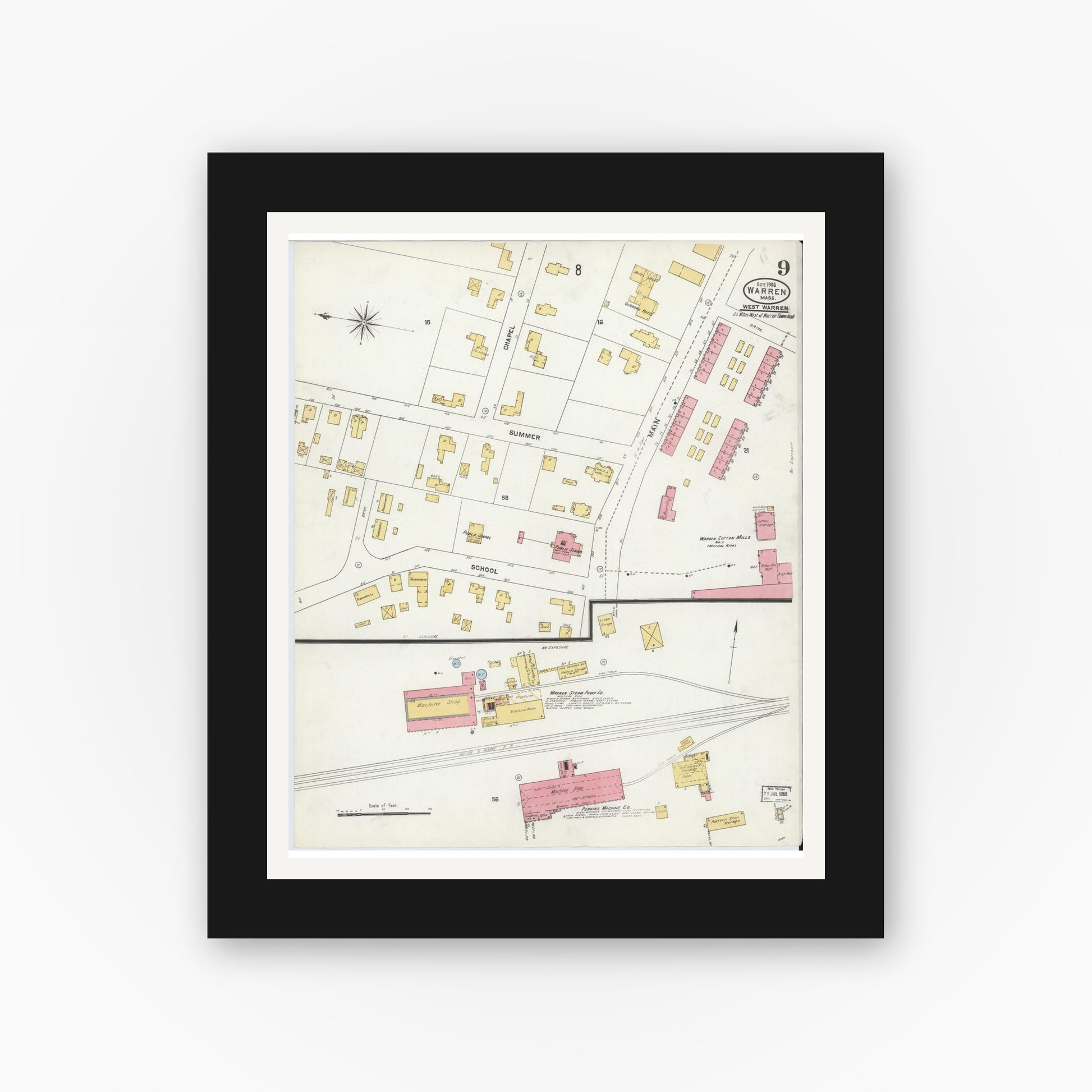 Old map wall art mockup — black gallery frame with white mat — Sanborn Fire Insurance Map from Warren, Worcester County, Massachusetts (1906), Sheet #0009