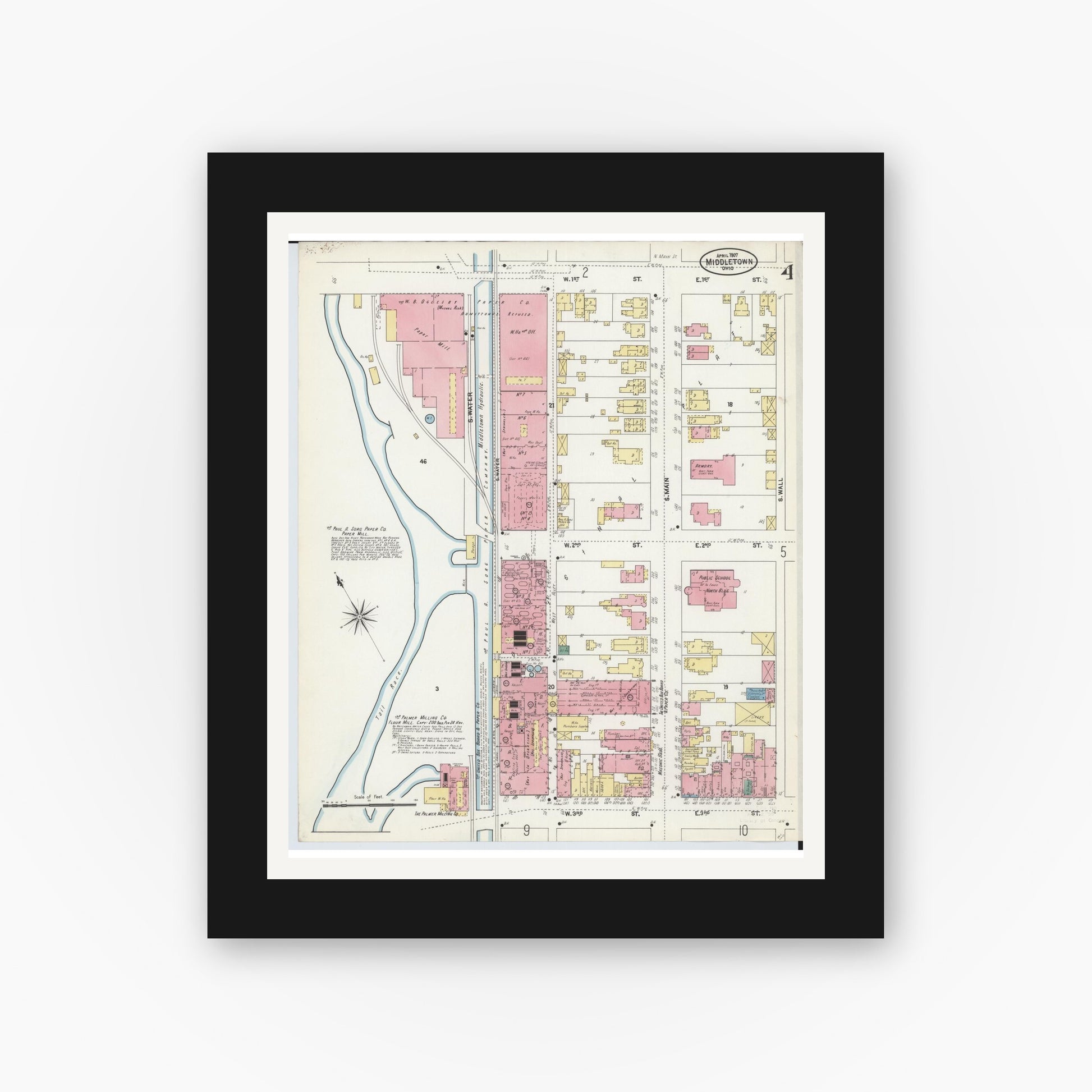 Old map wall art mockup — black gallery frame with white mat — Sanborn Fire Insurance Map from Middletown, Butler County, Ohio (1907), Sheet #0004