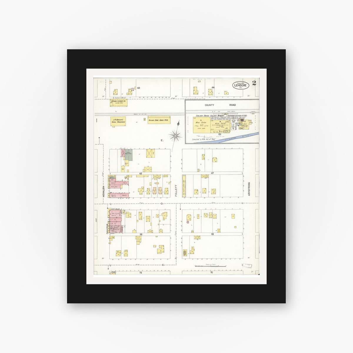Old map wall art mockup — black gallery frame with white mat — Sanborn Fire Insurance Map from Lemoore, Kings County, California (1905), Sheet #0002