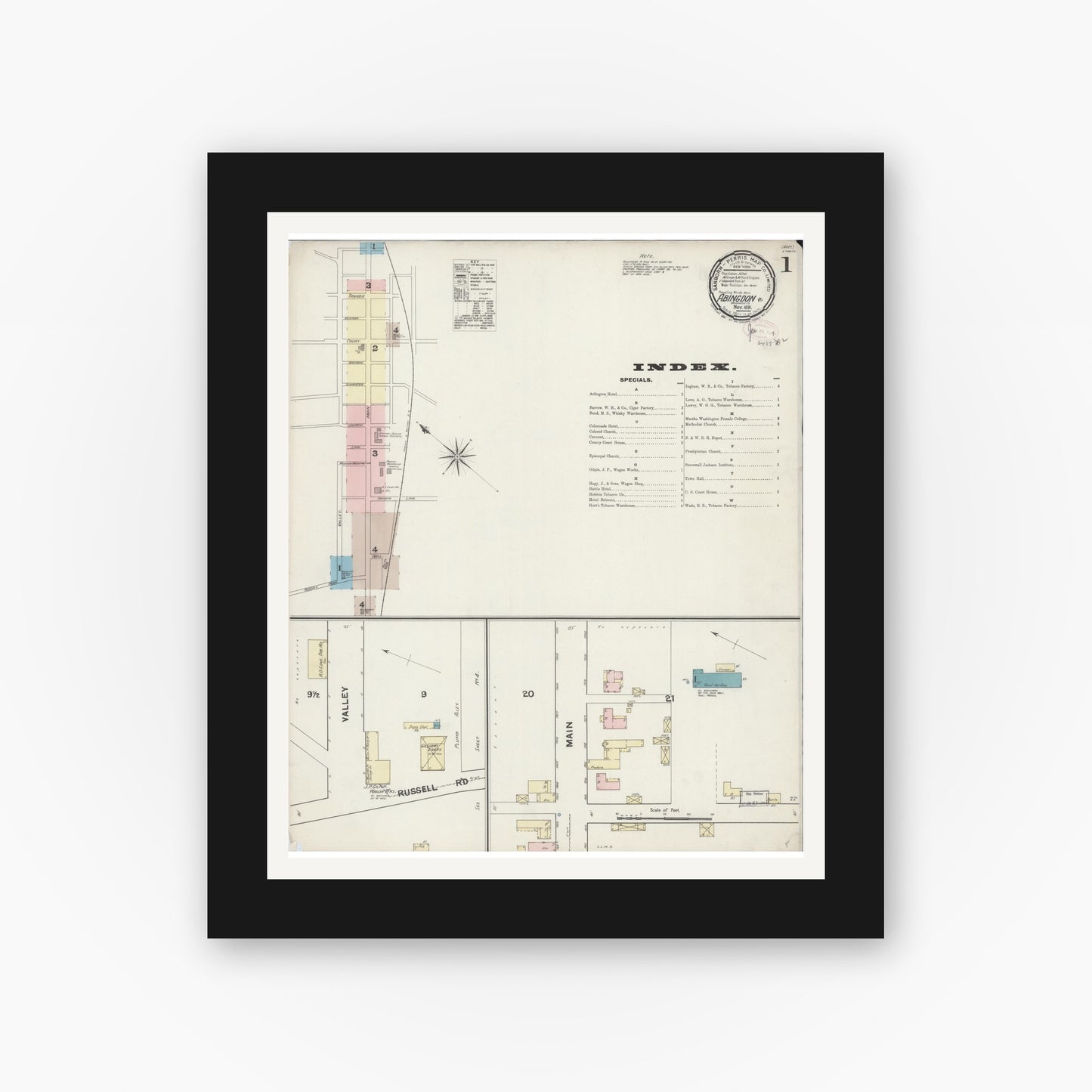 Old map wall art mockup — black gallery frame with white mat — Sanborn Fire Insurance Map from Abingdon, Washington County, Virginia (1891), Sheet #0001