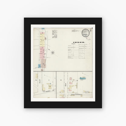 Old map wall art mockup — black gallery frame with white mat — Sanborn Fire Insurance Map from Abingdon, Washington County, Virginia (1891), Sheet #0001