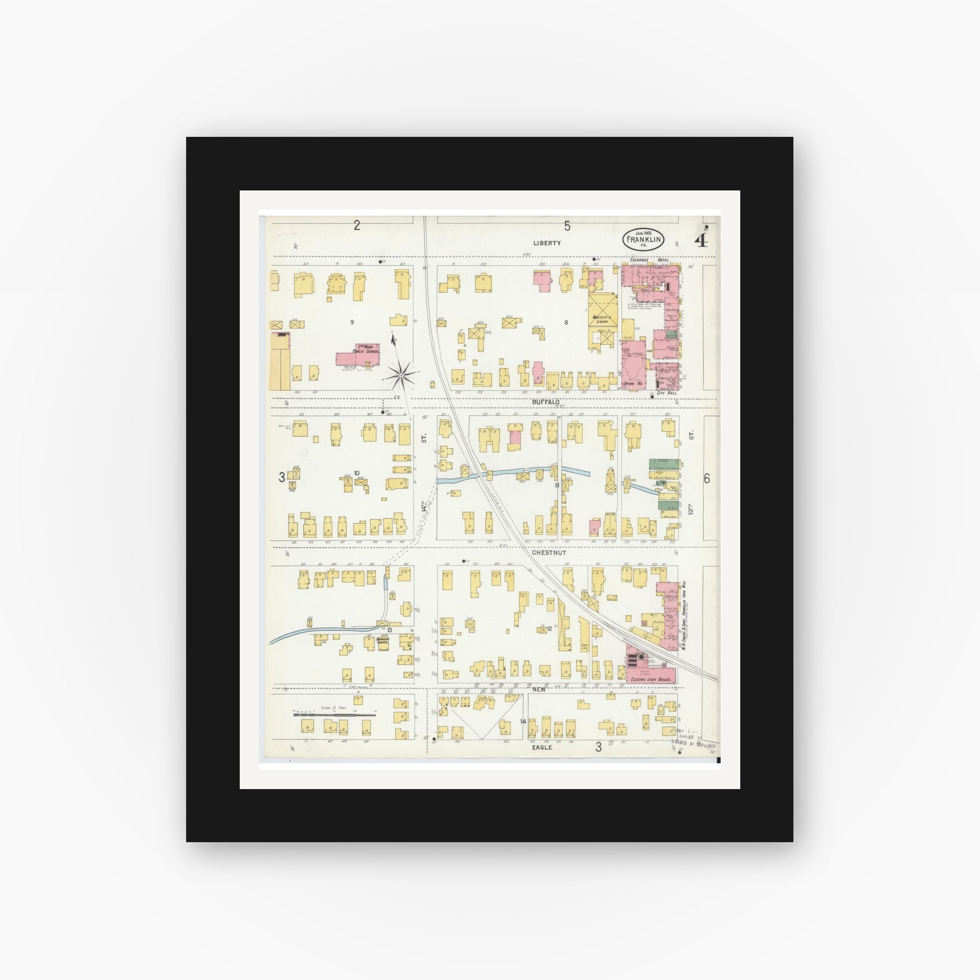 Old map wall art mockup — black gallery frame with white mat — Sanborn Fire Insurance Map from Franklin, Venango County, Pennsylvania (1901), Sheet #0004