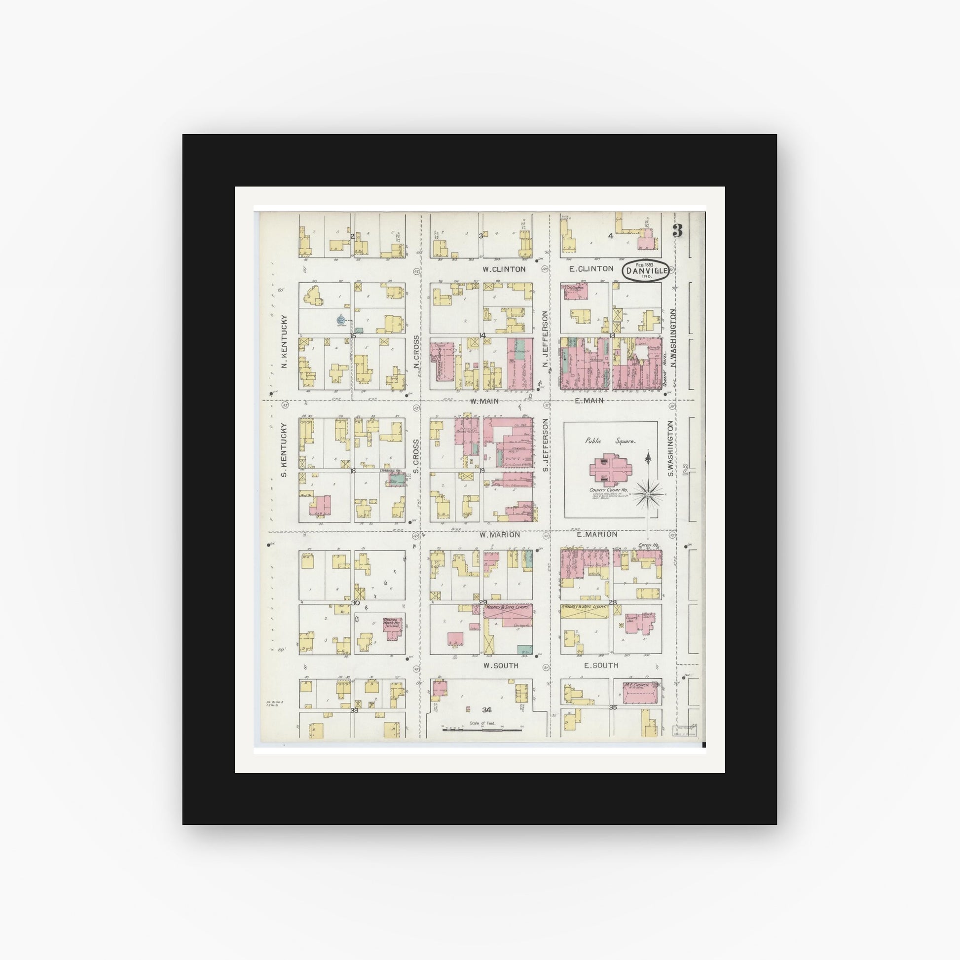 Old map wall art mockup — black gallery frame with white mat — Sanborn Fire Insurance Map from Danville, Hendricks County, Indiana (1893), Sheet #0003