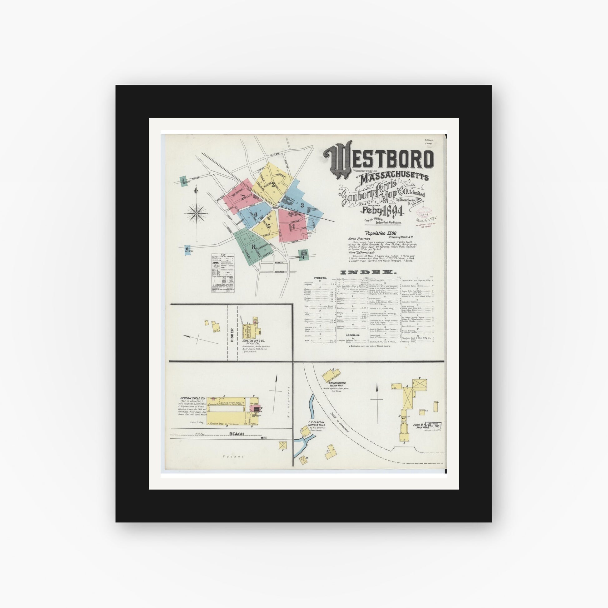 Old map wall art mockup — black gallery frame with white mat — Sanborn Fire Insurance Map from Westboro, Worcester County, Massachusetts (1894), Sheet #0001