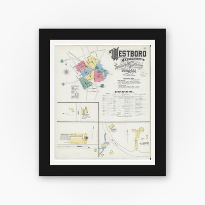 Old map wall art mockup — black gallery frame with white mat — Sanborn Fire Insurance Map from Westboro, Worcester County, Massachusetts (1894), Sheet #0001