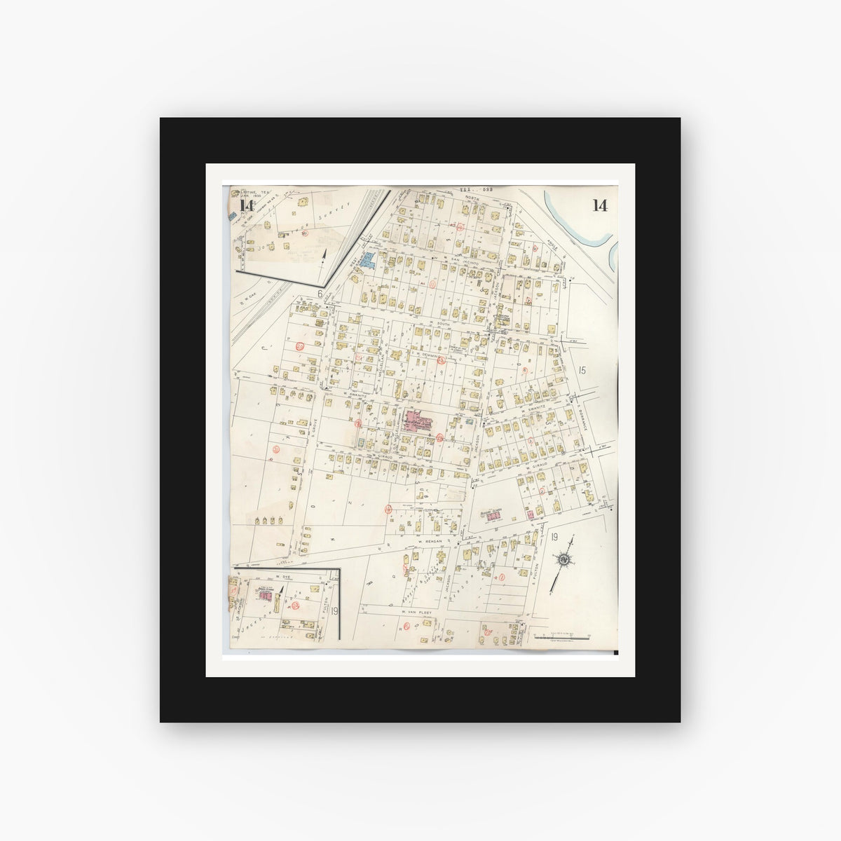 Old map wall art mockup — black gallery frame with white mat — Sanborn Fire Insurance Map from Palestine, Anderson County, Texas (1949), Sheet #0014