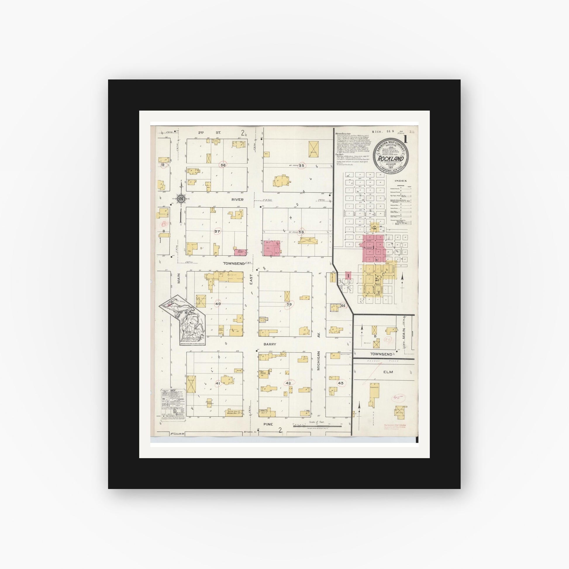 Old map wall art mockup — black gallery frame with white mat — Sanborn Fire Insurance Map from Rockland, Ontonagon County, Michigan (1917) - Complete Map Set