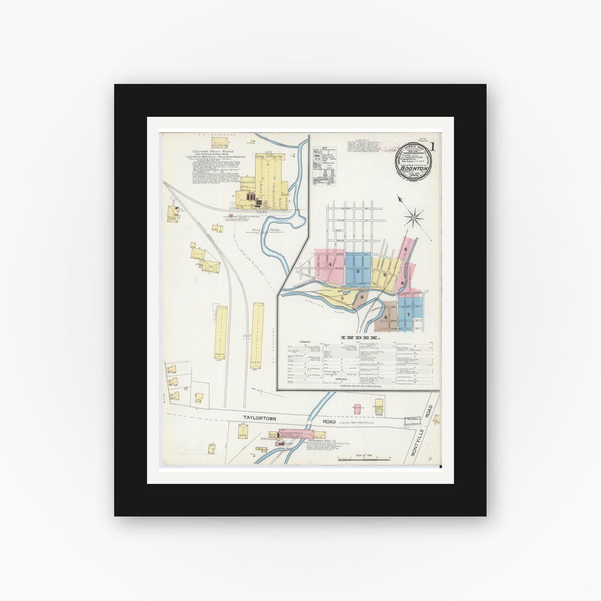 Old map wall art mockup — black gallery frame with white mat — Sanborn Fire Insurance Map from Boonton, Morris County, New Jersey (1892), Sheet #0001