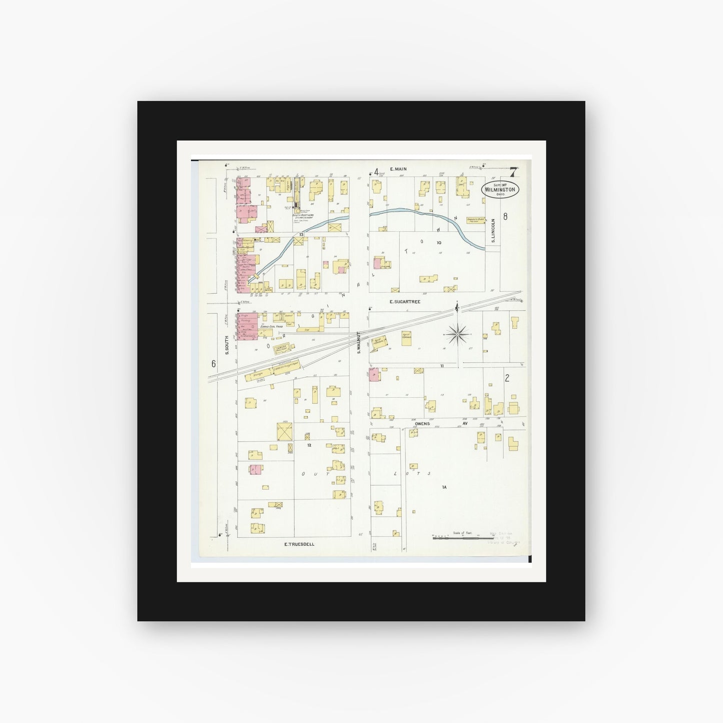 Old map wall art mockup — black gallery frame with white mat — Sanborn Fire Insurance Map from Wilmington, Clinton County, Ohio (1907), Sheet #0007