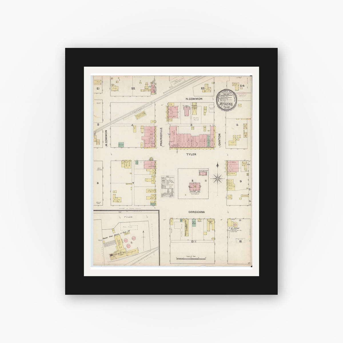 Old map wall art mockup — black gallery frame with white mat — Sanborn Fire Insurance Map from Athens, Henderson County, Texas (1890), Sheet #0001