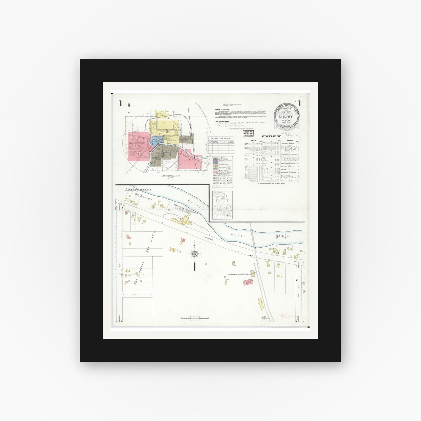 Old map wall art mockup — black gallery frame with white mat — Sanborn Fire Insurance Map from Dundee, Monroe County, Michigan (1938), Sheet #0001