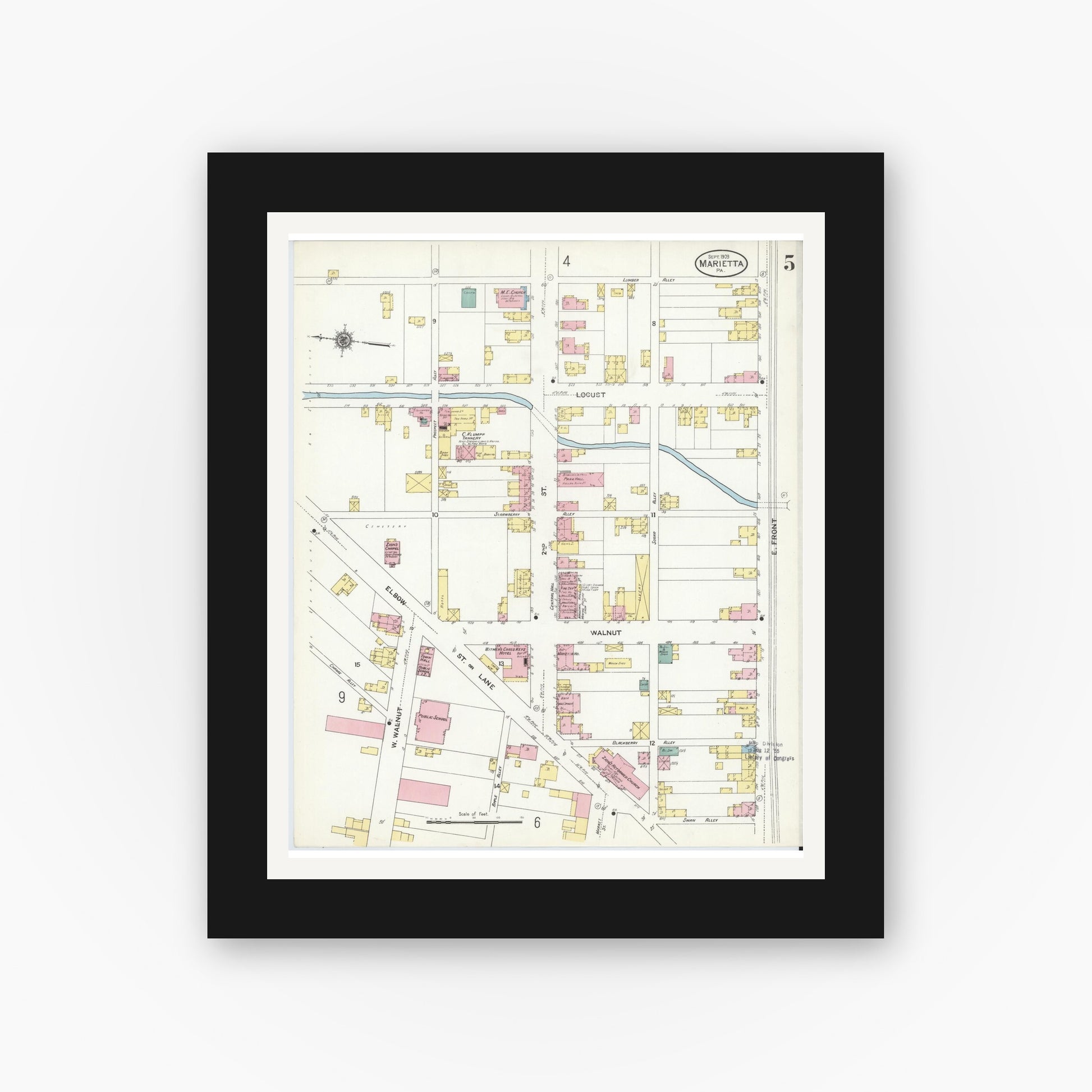 Old map wall art mockup — black gallery frame with white mat — Sanborn Fire Insurance Map from Marietta, Lancaster County, Pennsylvania (1909), Sheet #0005
