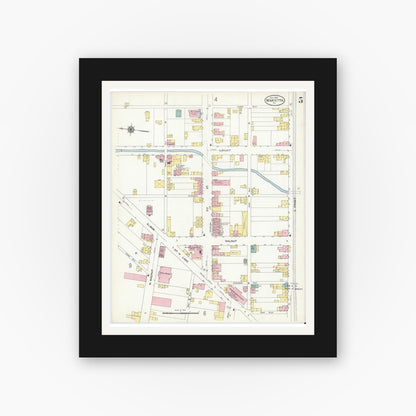 Old map wall art mockup — black gallery frame with white mat — Sanborn Fire Insurance Map from Marietta, Lancaster County, Pennsylvania (1909), Sheet #0005