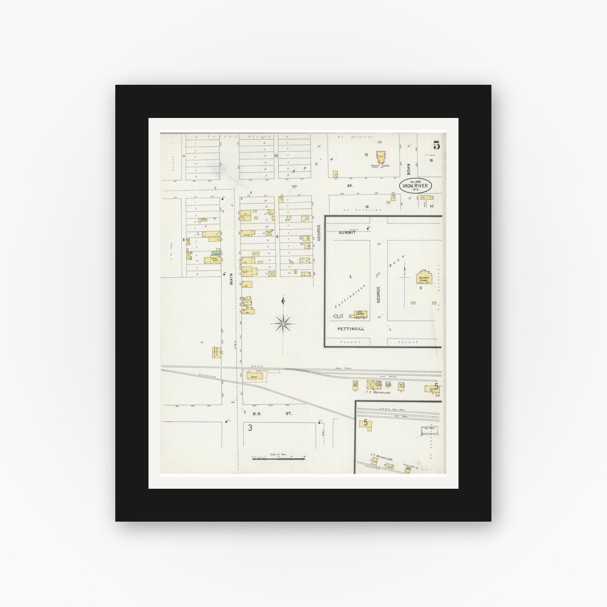 Old map wall art mockup — black gallery frame with white mat — Sanborn Fire Insurance Map from Iron River, Bayfield County, Wisconsin (1898), Sheet #0005