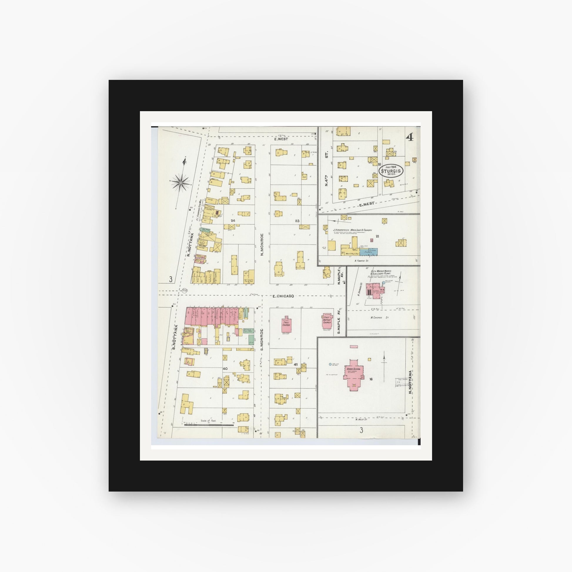 Old map wall art mockup — black gallery frame with white mat — Sanborn Fire Insurance Map from Sturgis, Saint Joseph County, Michigan (1904), Sheet #0004