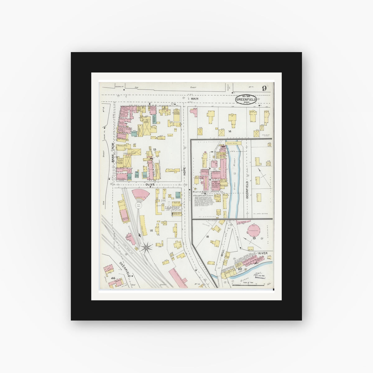 Old map wall art mockup — black gallery frame with white mat — Sanborn Fire Insurance Map from Greenfield, Franklin County, Massachusetts (1892), Sheet #0009