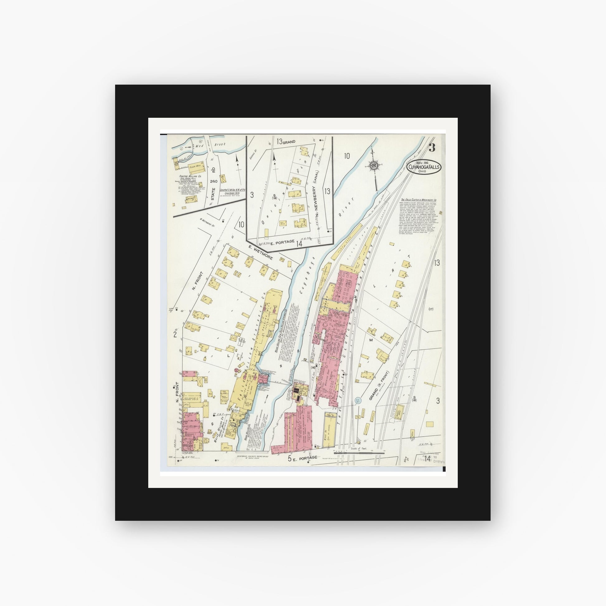 Old map wall art mockup — black gallery frame with white mat — Sanborn Fire Insurance Map from Cuyahoga Falls, Summit County, Ohio (1916), Sheet #0003