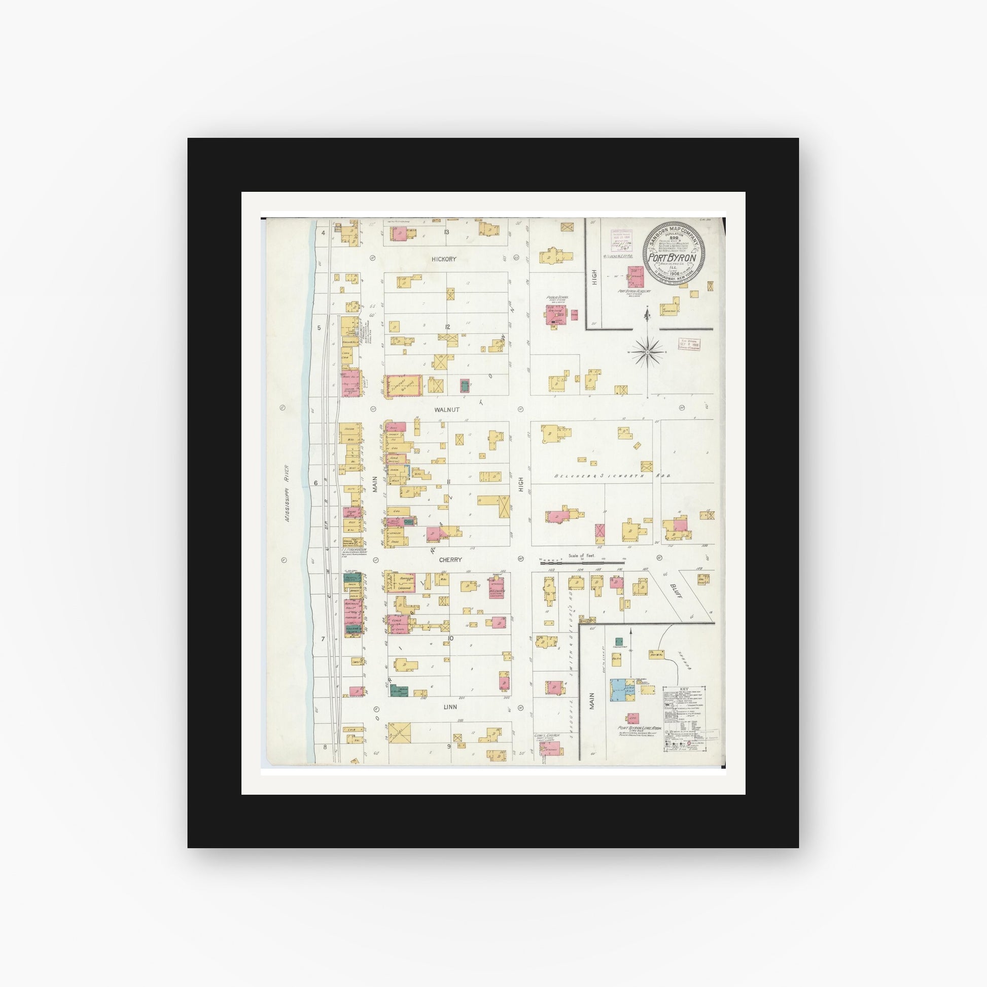 Old map wall art mockup — black gallery frame with white mat — Sanborn Fire Insurance Map from Port Byron, Rock Island County, Illinois (1906), Sheet #0001