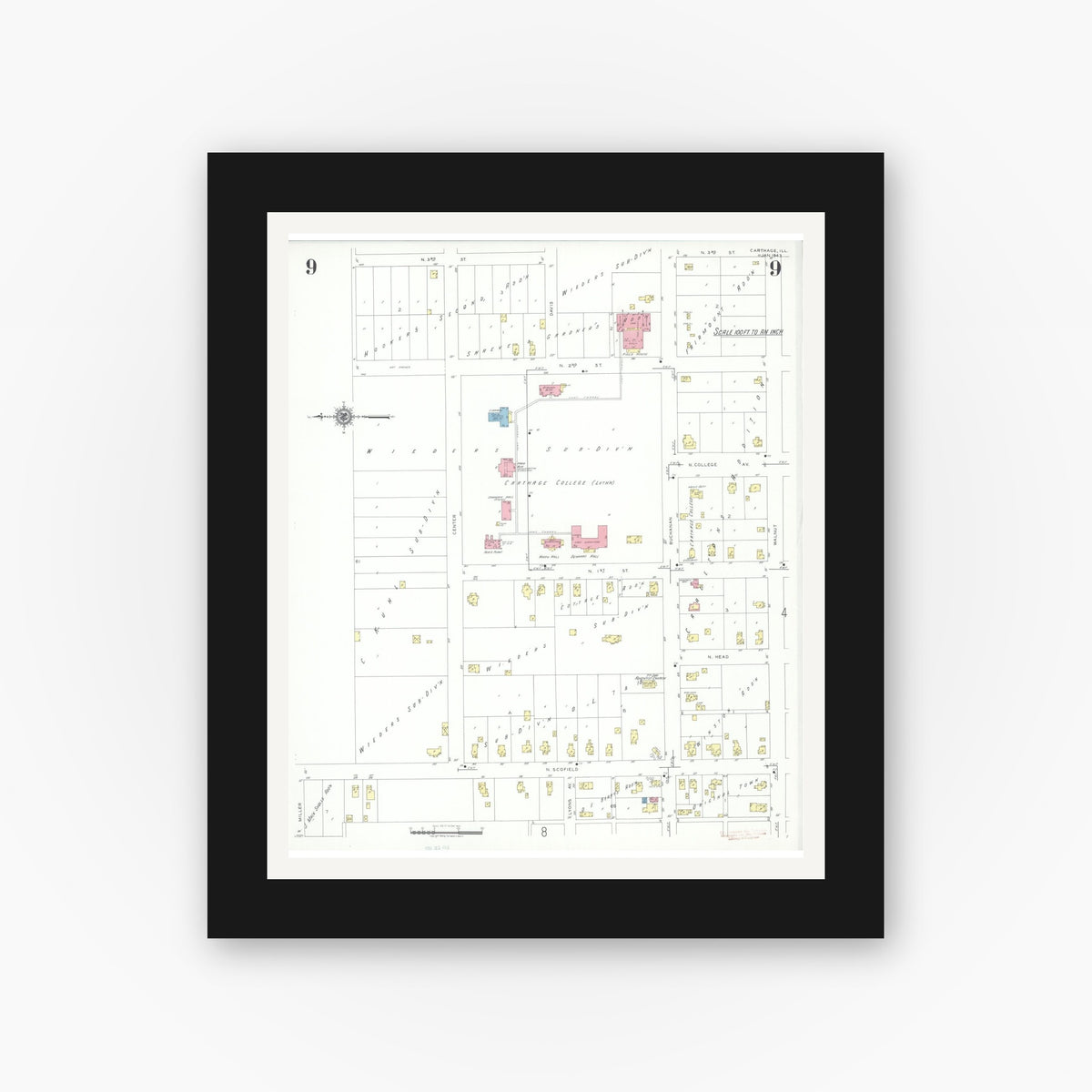 Old map wall art mockup — black gallery frame with white mat — Sanborn Fire Insurance Map from Carthage, Hancock County, Illinois (1943), Sheet #0009