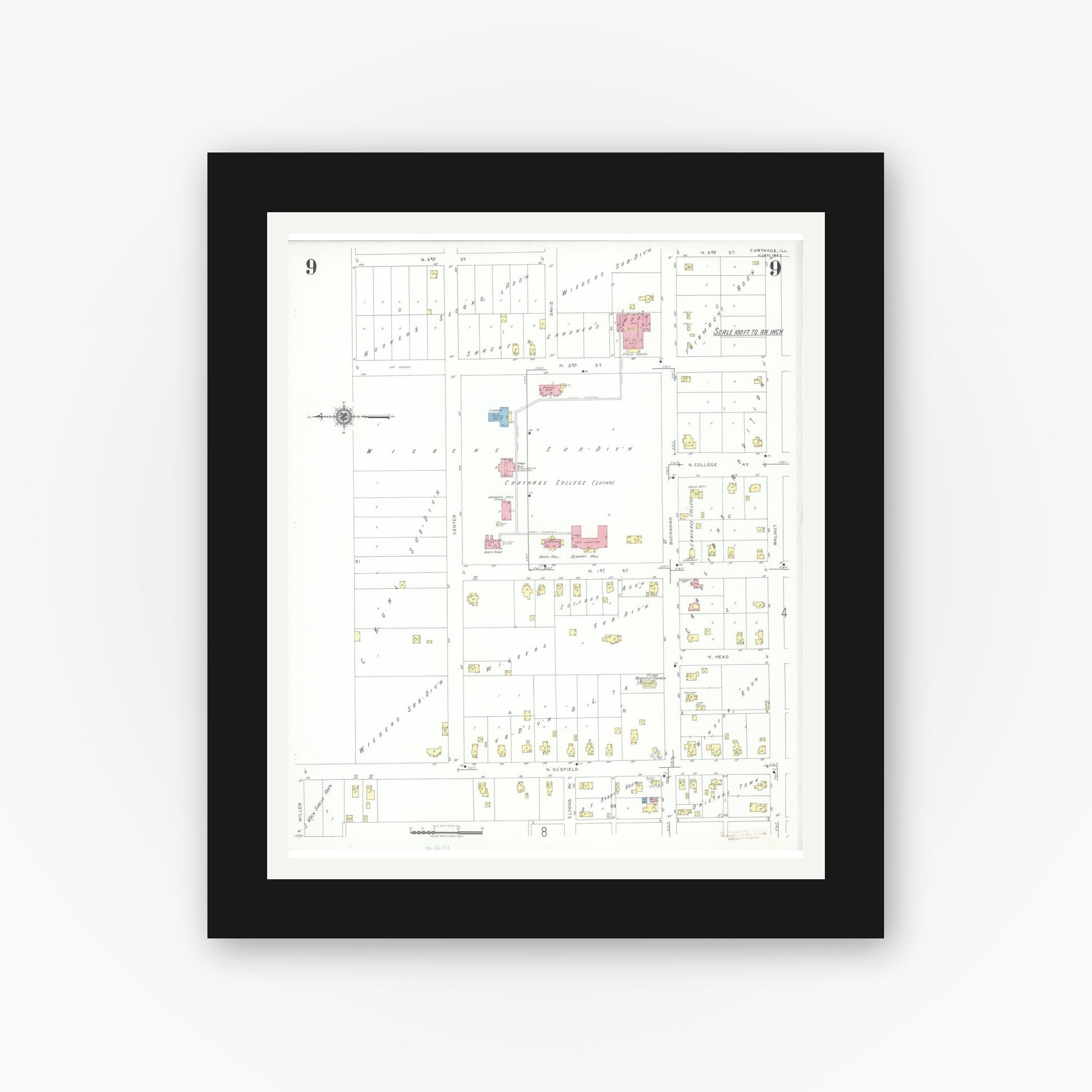Old map wall art mockup — black gallery frame with white mat — Sanborn Fire Insurance Map from Carthage, Hancock County, Illinois (1943), Sheet #0009