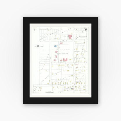 Old map wall art mockup — black gallery frame with white mat — Sanborn Fire Insurance Map from Carthage, Hancock County, Illinois (1943), Sheet #0009