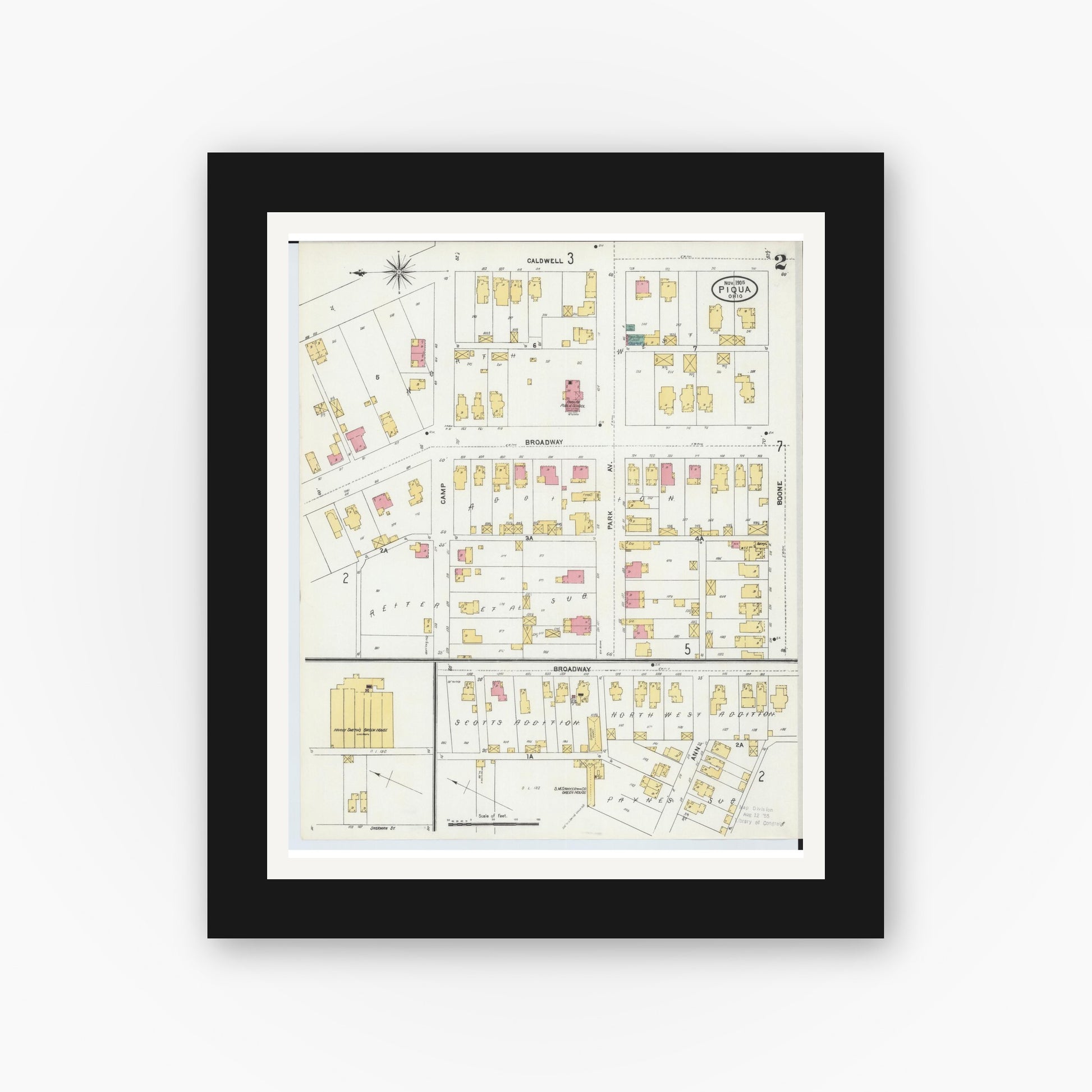 Old map wall art mockup — black gallery frame with white mat — Sanborn Fire Insurance Map from Piqua, Miami County, Ohio (1905), Sheet #0002