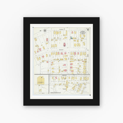 Old map wall art mockup — black gallery frame with white mat — Sanborn Fire Insurance Map from Piqua, Miami County, Ohio (1905), Sheet #0002