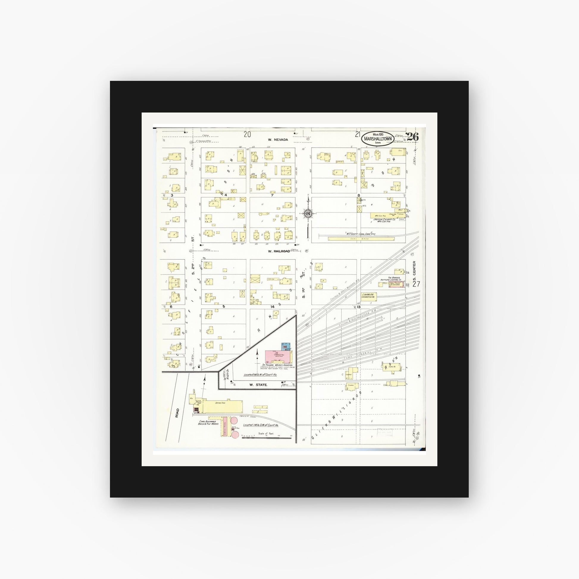 Old map wall art mockup — black gallery frame with white mat — Sanborn Fire Insurance Map from Marshalltown, Marshall County, Iowa (1910), Sheet #0026