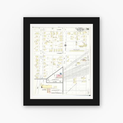 Old map wall art mockup — black gallery frame with white mat — Sanborn Fire Insurance Map from Marshalltown, Marshall County, Iowa (1910), Sheet #0026