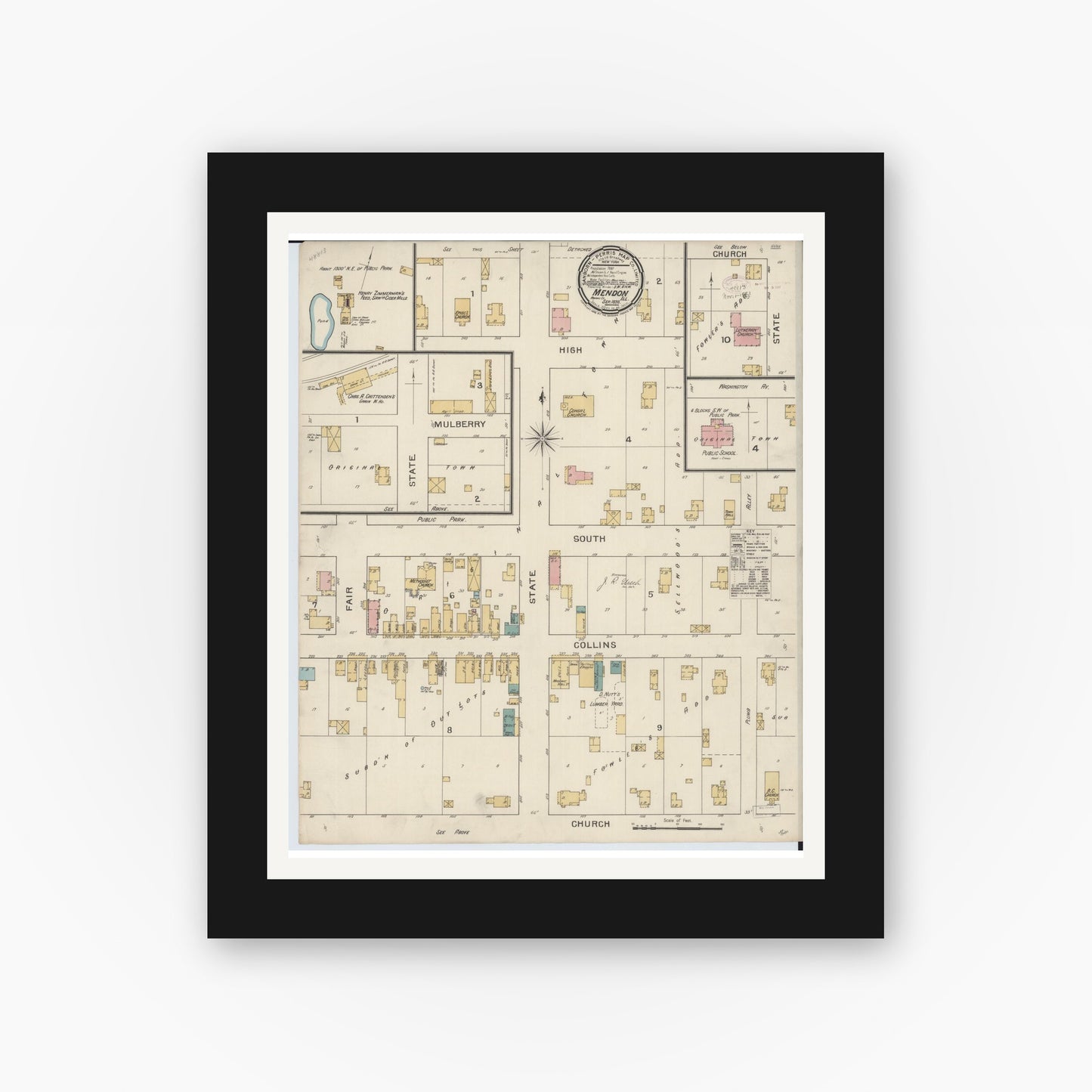 Old map wall art mockup — black gallery frame with white mat — Sanborn Fire Insurance Map from Mendon, Adams County, Illinois (1893), Sheet #0001