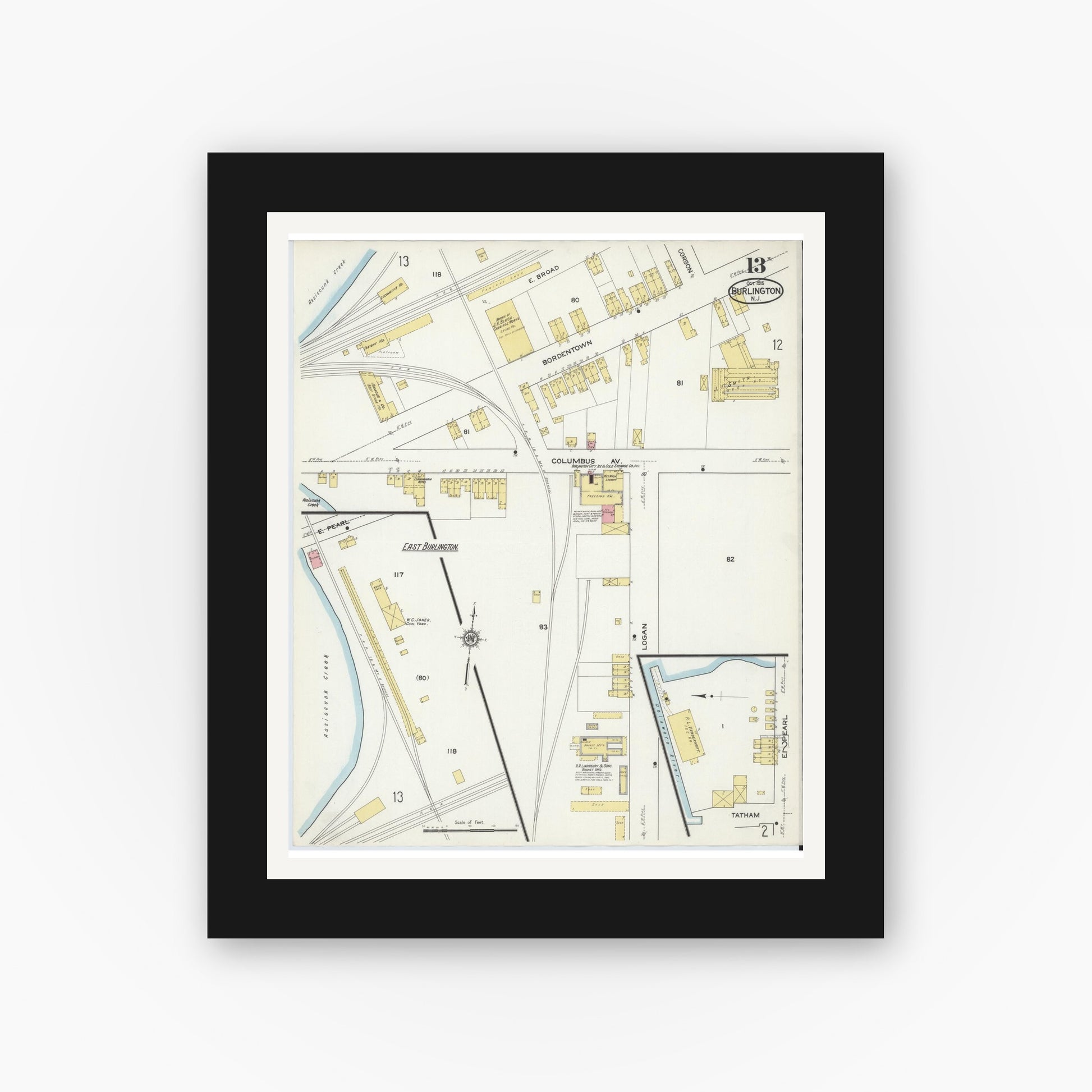 Old map wall art mockup — black gallery frame with white mat — Sanborn Fire Insurance Map from Burlington, Burlington County, New Jersey (1915), Sheet #0013